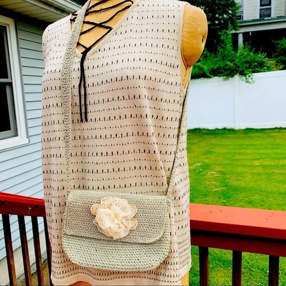 Y2K Knit Woven Taupe Rose lace cross body bag Neutral - Picture 1 of 9